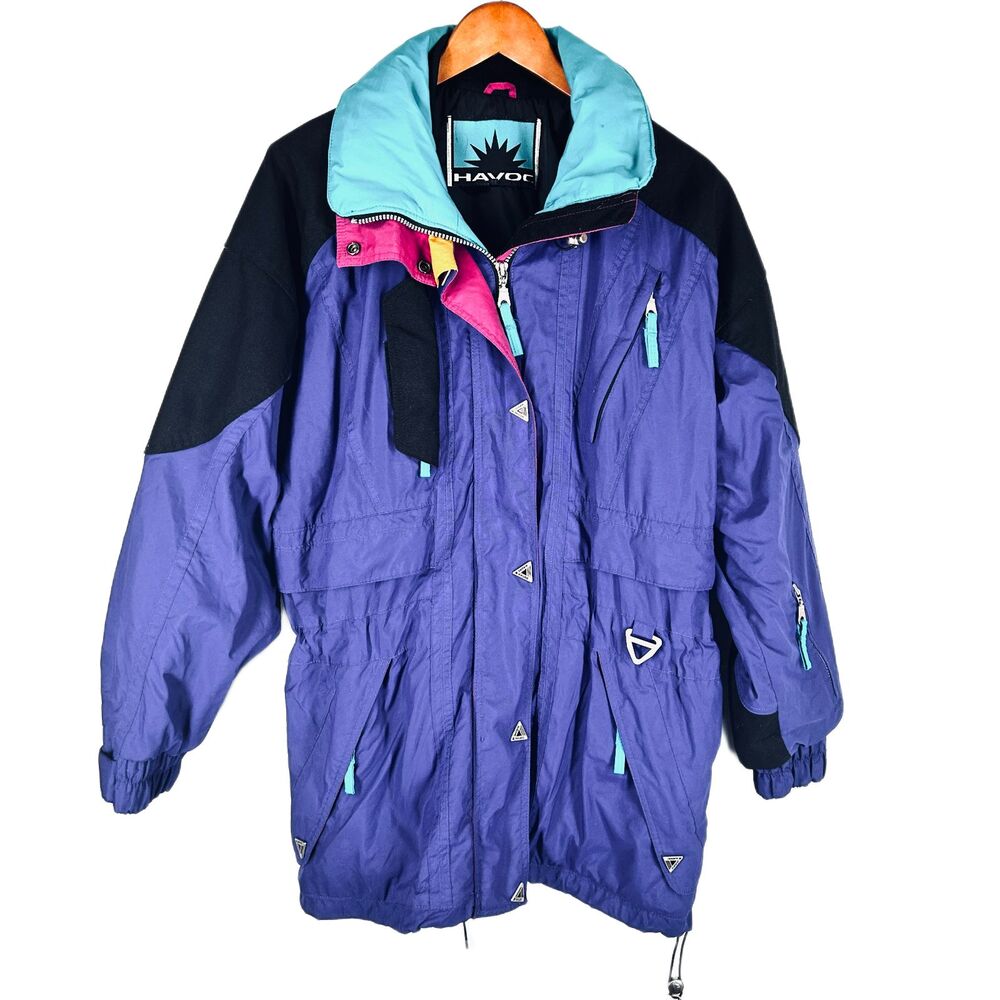 HAVOC Ski Jacket Colorblock Womens 14 Purple Black Teal 90's Zip Pockets